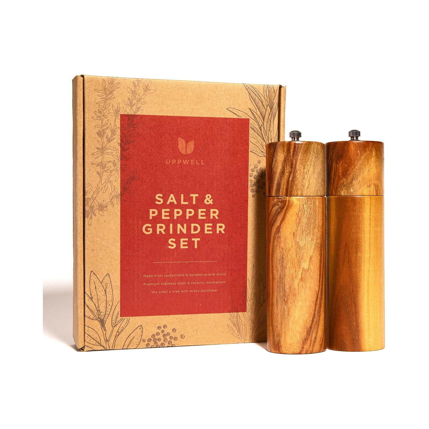 2 Pack Salt and Pepper Grinder Set, Acacia Wood Salt Shaker with  Ceramic/Stainless Steel Core, Modern and Elegant Wooden Salt and Pepper Set