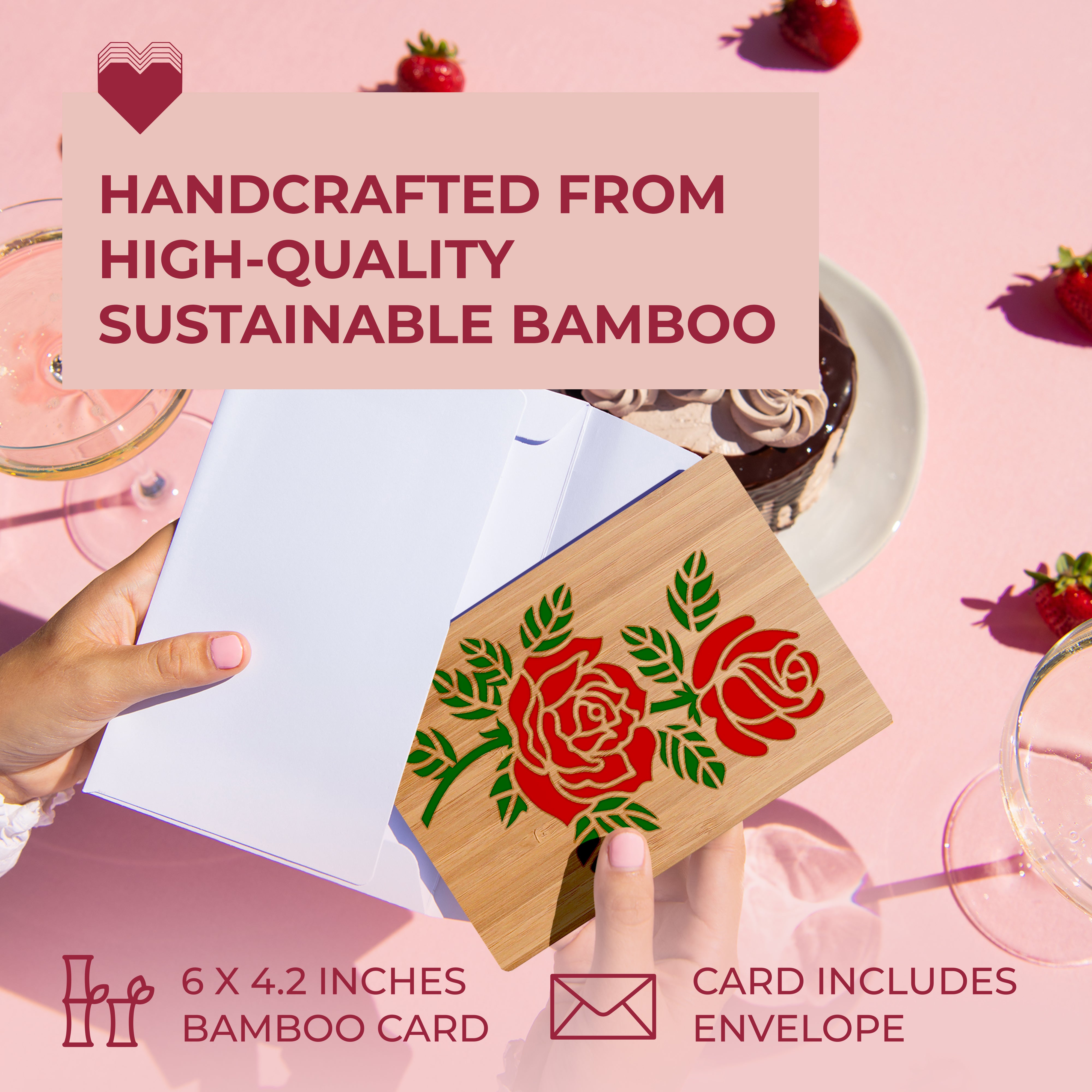 Handcrafted Bamboo Anniversary & Love Cards - Classic Roses