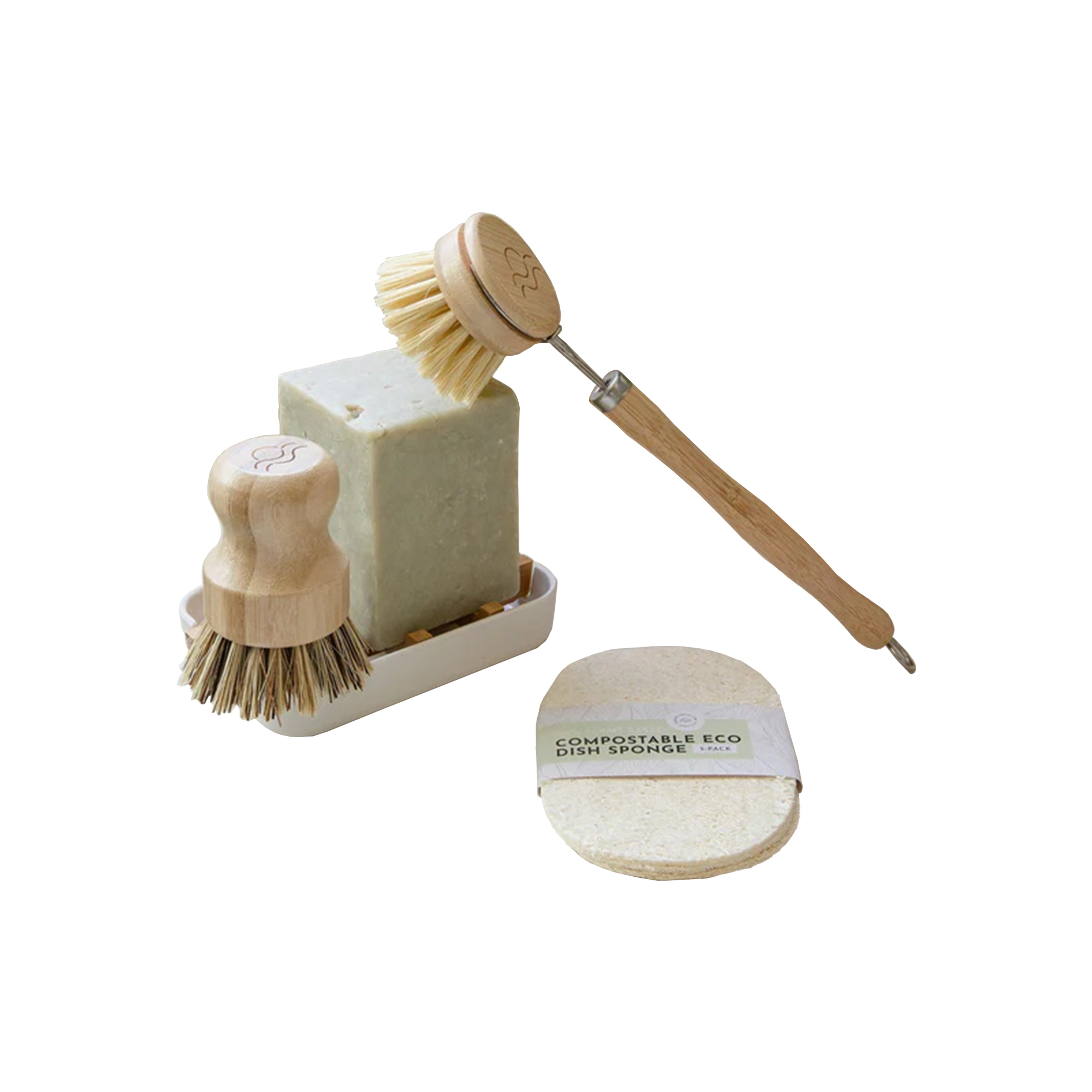 Eco Friendly Kitchen Bundle: Solid Dish Soap, Biodegradable Soap Dish, Sisal Cleaning Brush, Pot Scrubber, Eco Dish Sponge 3-Pack