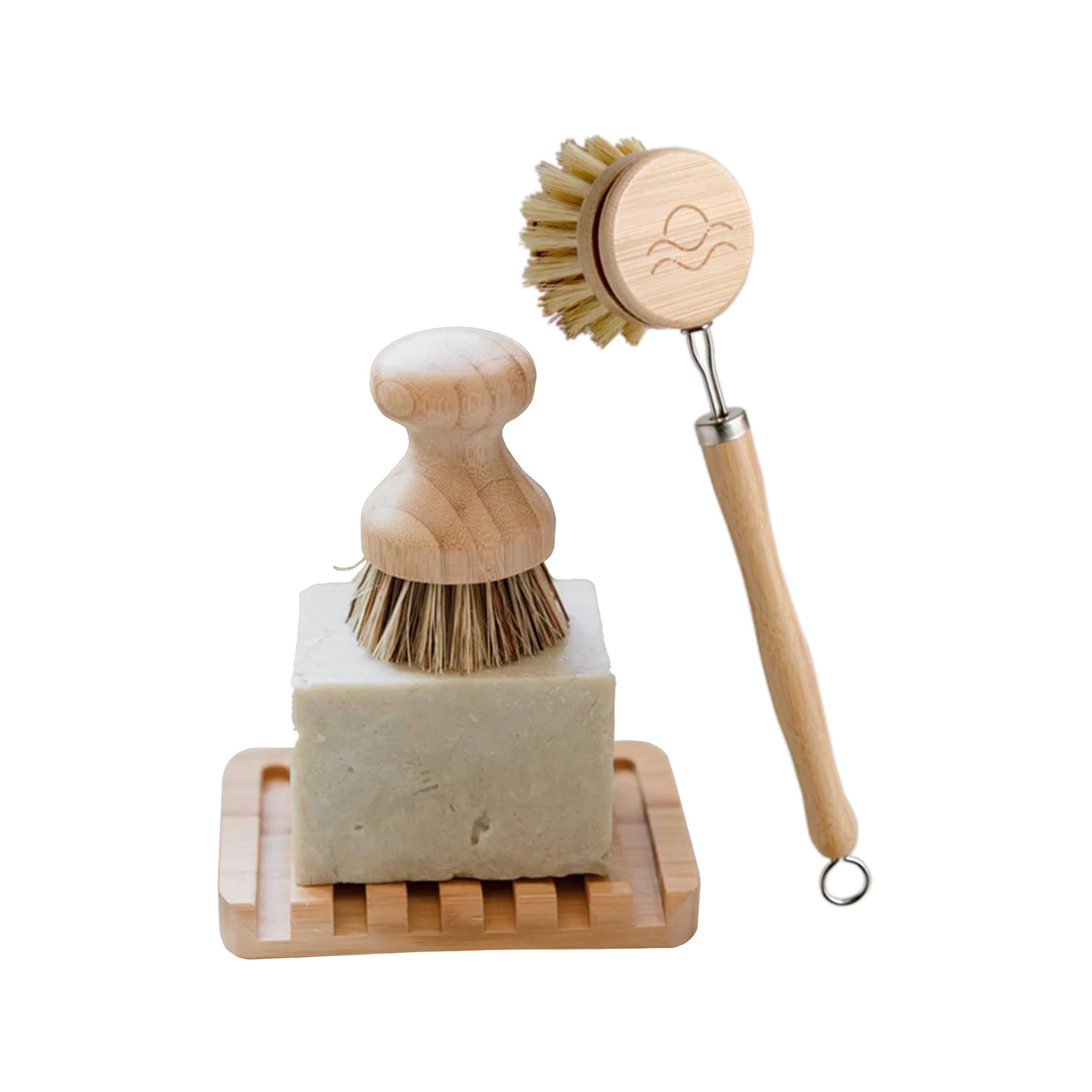 Sustainable Kitchen Bundle: Solid Dish Soap, Waterfall Soap Dish, Sisal Cleaning Brush, Pot Scrubber