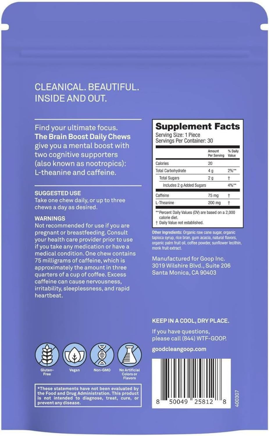 Wellness the Brain Boost Daily Chews | Dietary Supplement for Energy and Focus | L-Theanine & Caffeine | Caffe Latte Flavored | Brain Booster with Nootropics | Pack of 30 Chews | Vegan