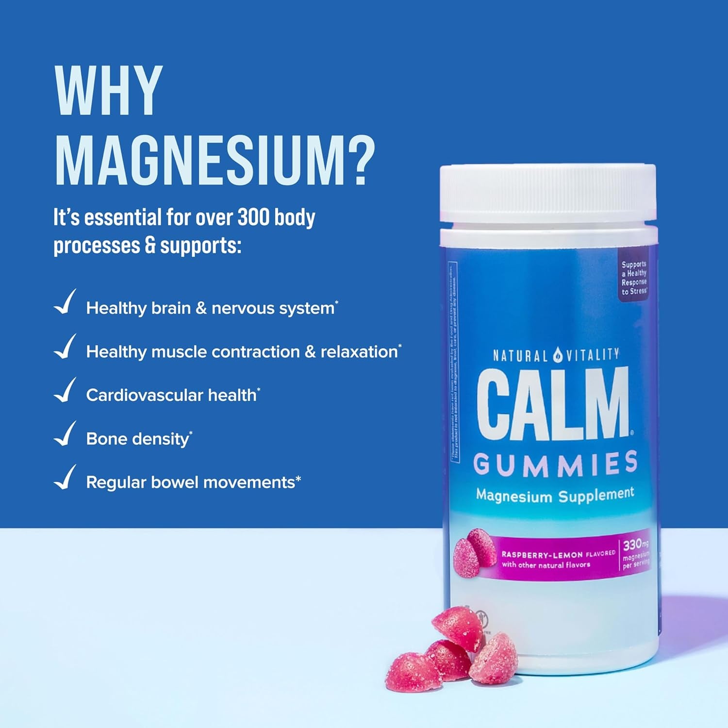 Calm, Magnesium Citrate Supplement, Stress Relief Gummies, Supports a Healthy Response to Stress, Gluten Free, Vegan, Raspberry Lemon, 240 Gummies (Packaging May Vary)