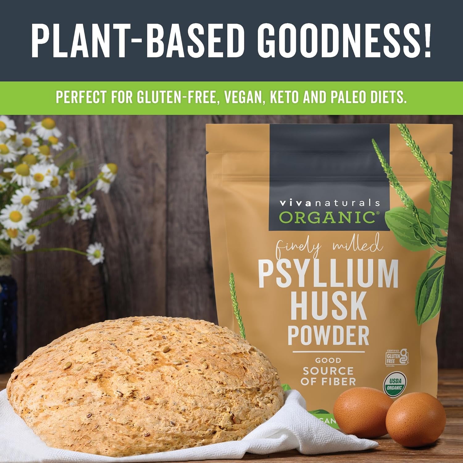 Organic Psyllium Husk Powder, 24 Oz - Finely Ground, Unflavored Plant Based Superfood - Good Source of Fiber for Gluten-Free Baking, Juices & Smoothies - Certified Vegan, Keto and Paleo