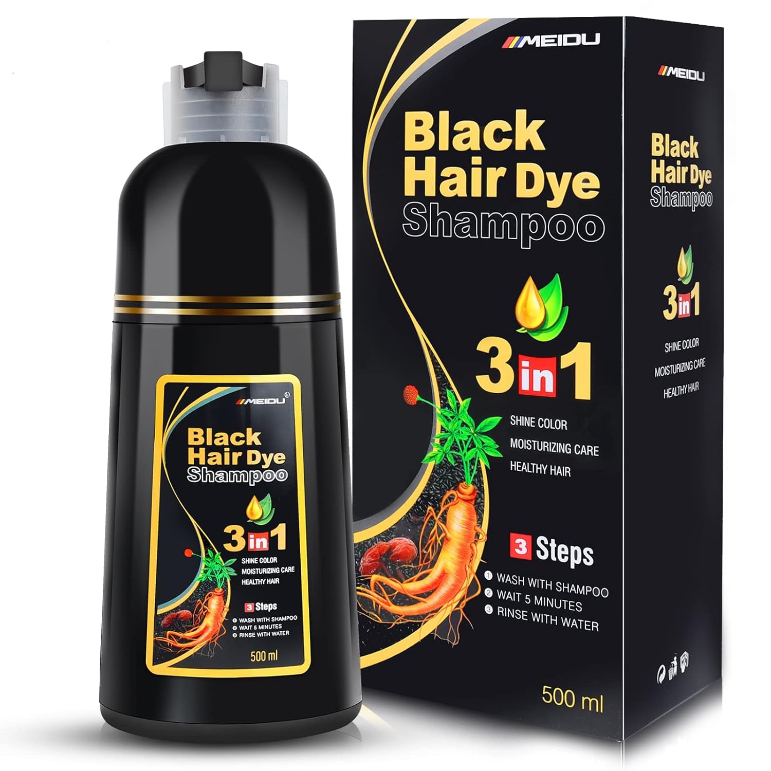 Hair Dye Shampoo for Gray Hair, 3 in 1 Herbal Ingredients Natural Shampoo Hair Dye for Women Men, Grey Coverage Shampoo 500Ml (Black)