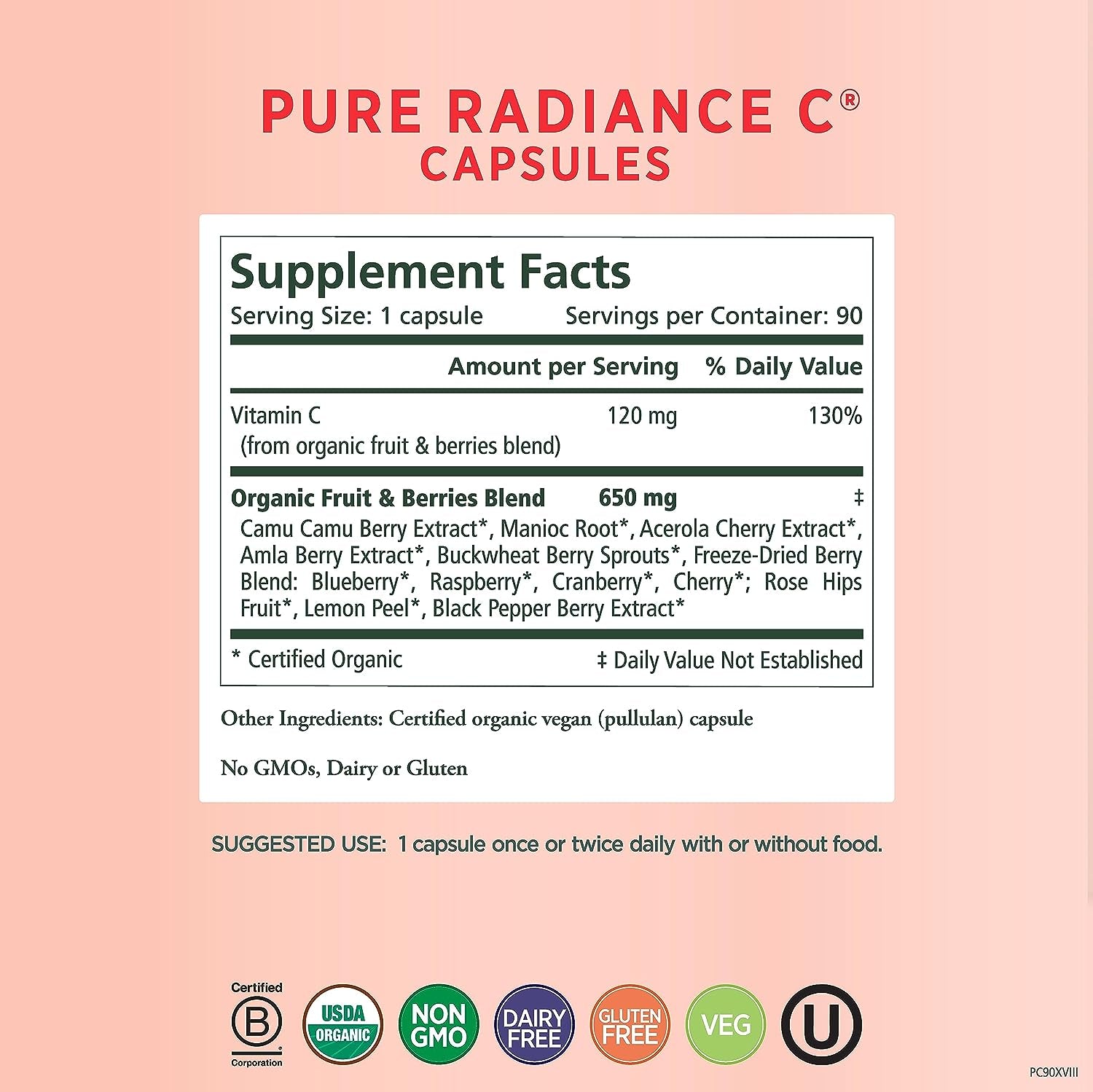 Pure Radiance C | Organic Vitamin C Capsules | 100% Natural, Whole Food, Non-Gmo Supplement with Camu Camu Extract | for Immune and Collagen Support (90 Capsules)