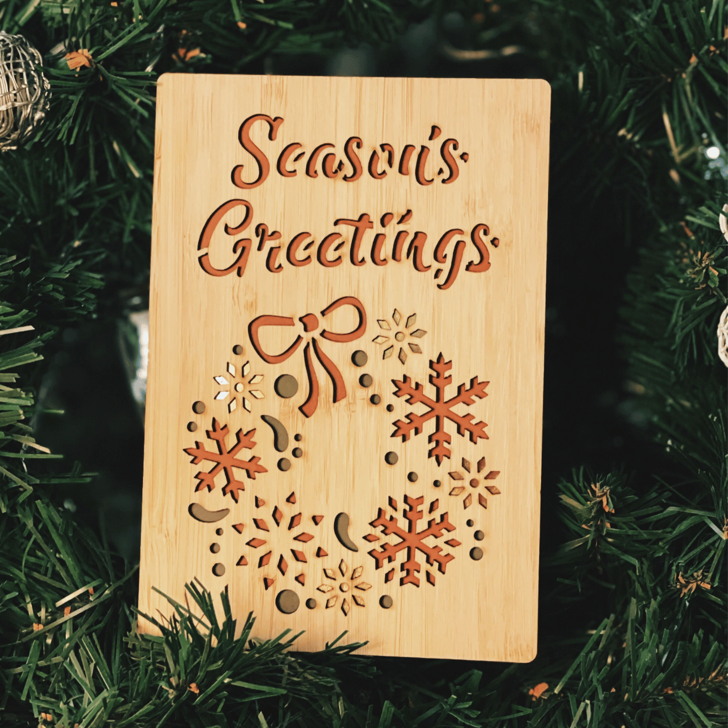 Handcrafted 3D Bamboo Christmas Card - Seasons Greetings