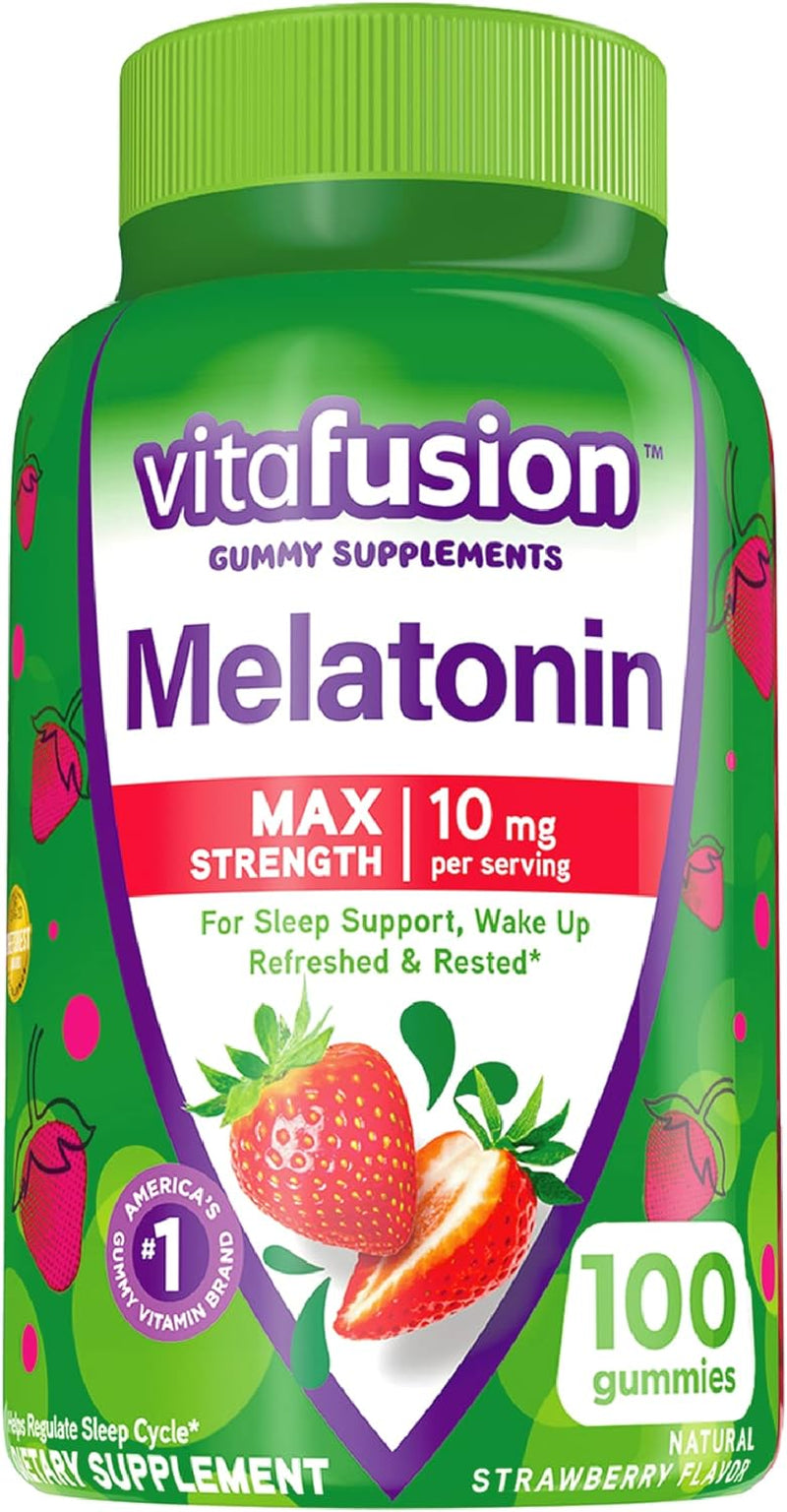 Max Strength Melatonin Gummy Supplements, Strawberry Flavored, 10 Mg Melatonin Sleep Supplements, America’S Number 1 Gummy Vitamin Brand, 50 Day Supply, 100 Count