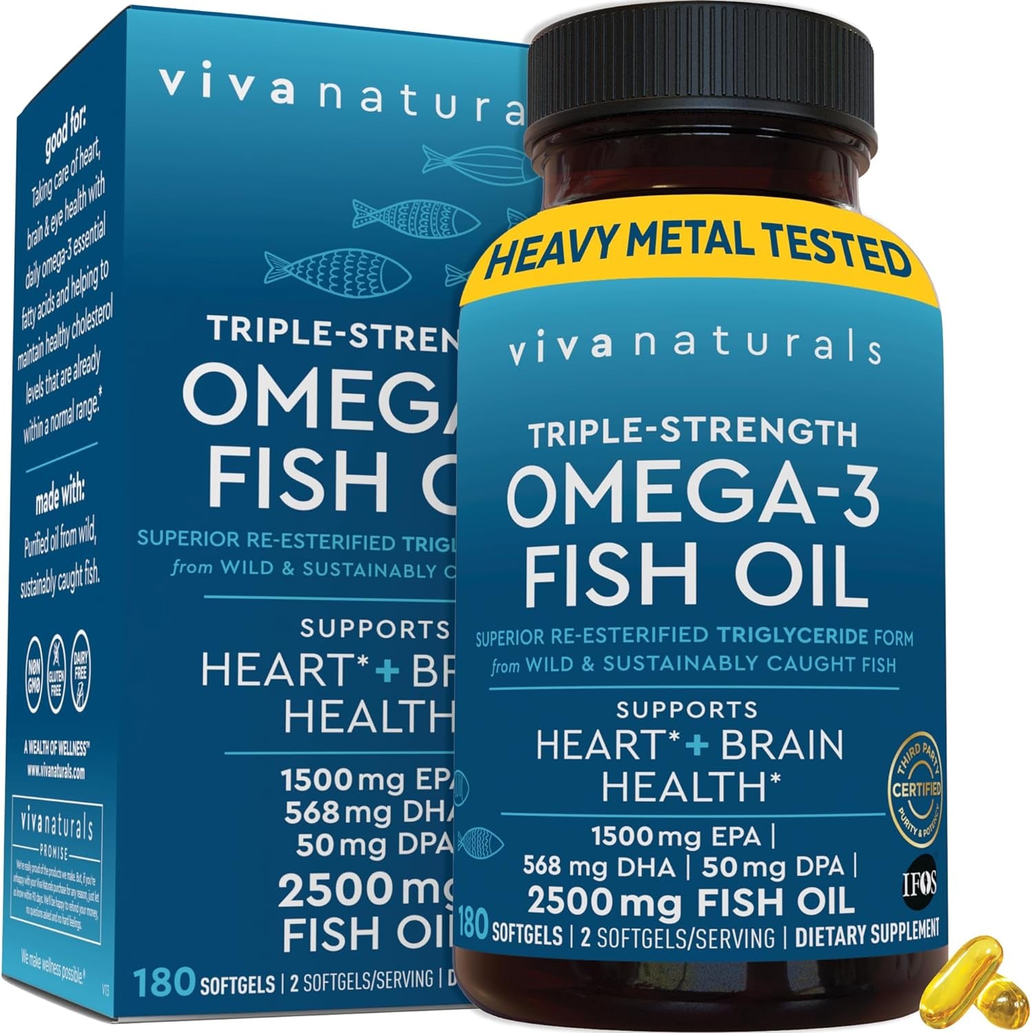 Triple Strength Omega 3 Fish Oil Supplement - 2500 Mg Fish Oil with Re-Esterified Omega 3 Fatty Acids Including EPA, DHA DPA - 180 Pescatarian-Friendly Softgels