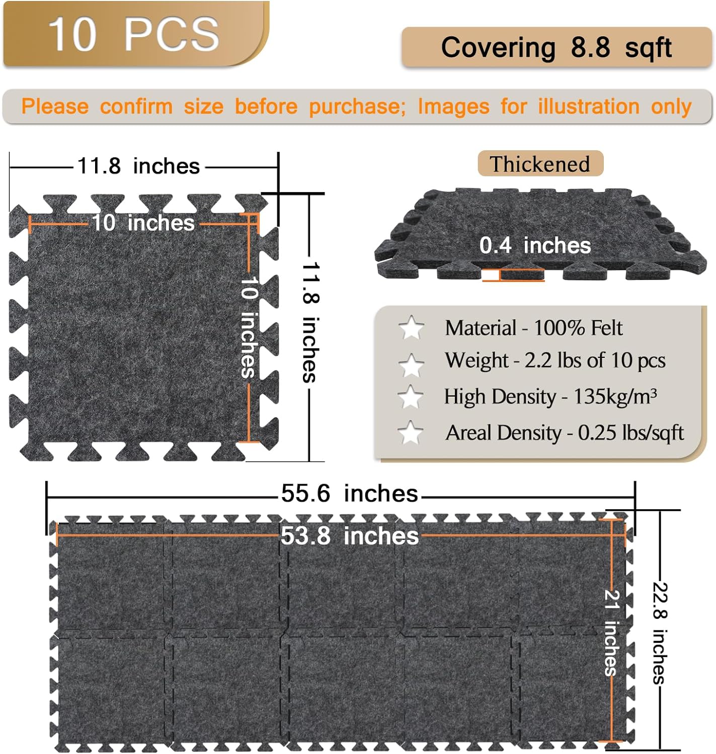 Carpet Underlay | Soundproof, 11x11x0.4 in, 10 Pieces