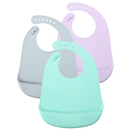 Baby Bibs | Waterproof, Silicone, Unisex, 3 Pack (Blue, Purple, Grey)