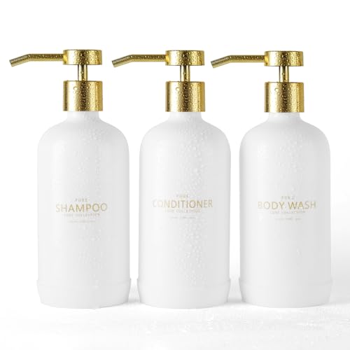 Shampoo Dispenser Set | Refillable 21oz Bottles, Non-Slip Silicone Pad, Waterproof Labels