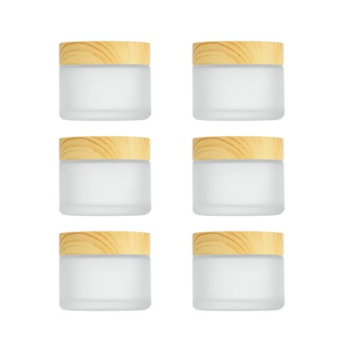 Cosmetic Jar | 1 oz, Round Frosted Glass, Wood Grain Lids, 6 Pack