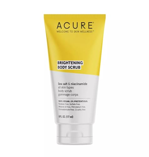 ACURE Brightening Body Scrub - Skin Renewal with Blend of Clay, Sea Salt & Niacinamide Extract - Rejuvenating Exfoliation for Soft, Refreshed Glowing Clear Skin - Suitable for All Skin Types - 6 Fl Oz