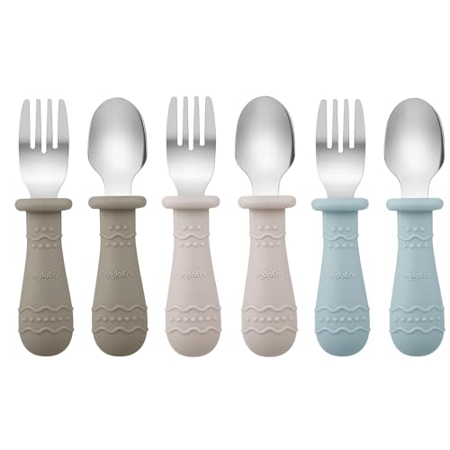 Toddler Utensils | 6 Pack, Stainless Steel & Silicone, Dishwasher Safe, Light Tan/Walnut/Blue