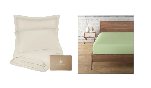 Duvet Cover Set | 100% Organic Cotton, 300TC, Queen Size, Ivory & Fitted Sheet, Seedling Green