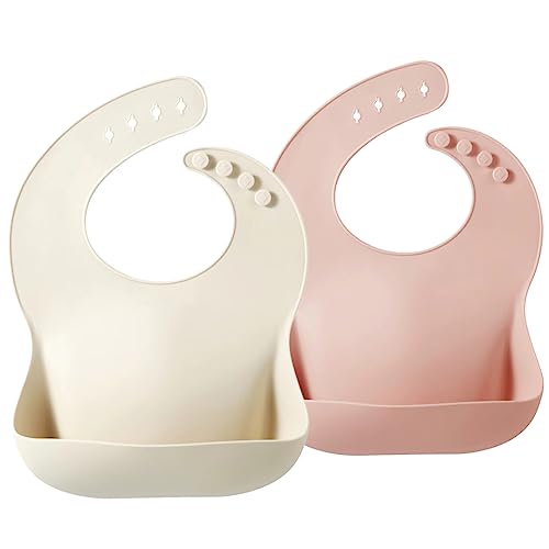 Baby Bibs | 2 Pack, Waterproof Silicone, Adjustable, Food Catcher, Soft (Pink Tawny)