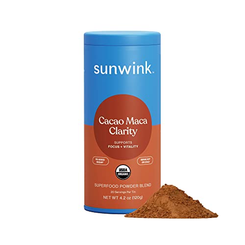 Sunwink Cacao Clarity - Superfood Mushroom Powder for Energy, Mental Clarity & Focus with Reishi, Lion’s Mane, & Organic Maca Root - Mushroom Coffee Alternative & Natural Brain Booster (20 Servings)