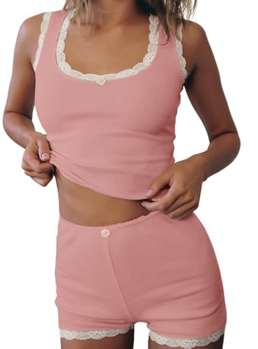 Pajama Set | 2 Piece, Ribbed Tank Top with Lace Trim, High-Rise Shorts