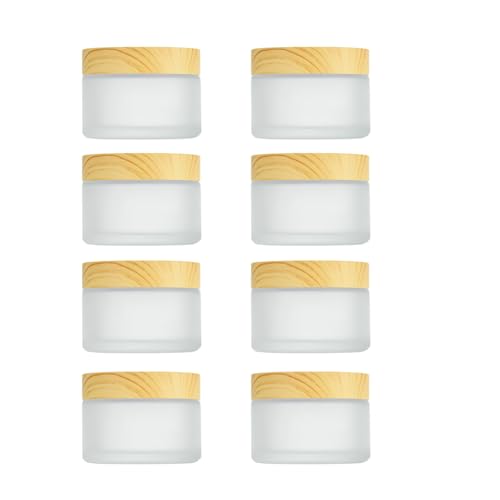 Cosmetic Jars | 8 Pack, 15ml, Round Frosted Glass with Wood Grain Lids