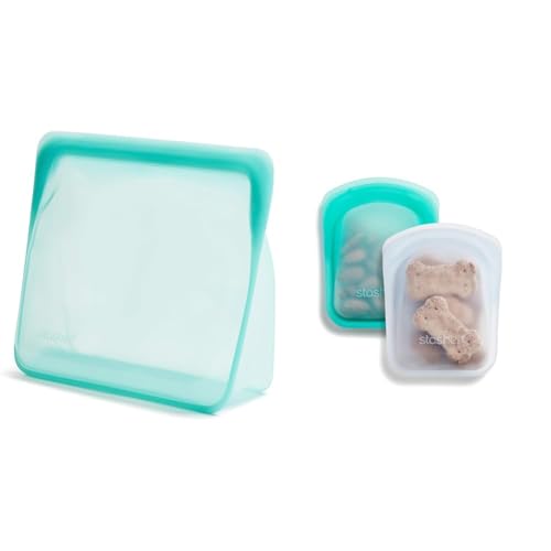 Stasher Platinum 104 Oz Aqua Stand-Up Bag, 2-Pack Pocket Silicone Storage Bags, Clear + Aqua