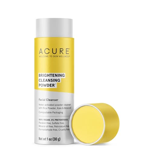 Acure Brightening Cleansing Powder - Concentrated Cleanser, Moisture Retention & Refining Skin’s Texture - Water-Activated Cleanser with Rice Powder, Broccoli, Kale & Spirulina - Net Wt. 1 oz