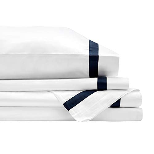 Bed Sheet Set | 100% Organic Cotton, 3-Piece, Fits Mattresses Up to 17" Deep, Twin Size, White & Navy Blue