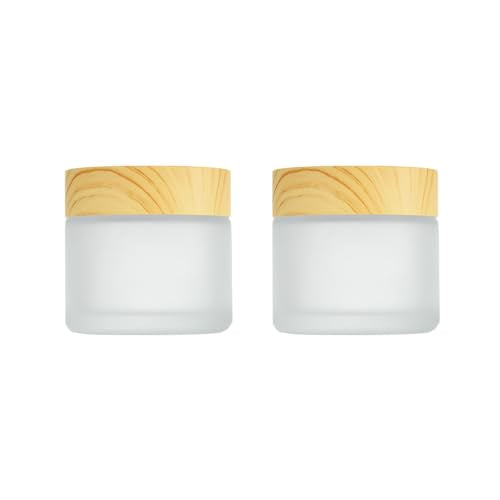 Cosmetic Jar | 2 Pack, 2 oz, Frosted Glass with Wood Grain Lids