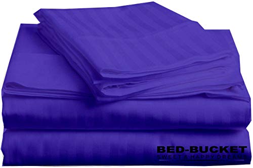 Bed Sheet Set | 100% Natural Cotton, 800-TC, Royal Blue Striped, Queen Size, 4pc