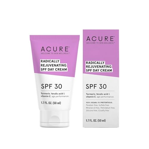 Acure Radically Rejuvenating SPF 30 Day Cream - Anti-Aging Sun Protection with Turmeric, Ferulic Acid & Vitamin C - Antioxidant Support, Calms and Soothes Skin - 100% Vegan - 1.7 Fl Oz, Scented