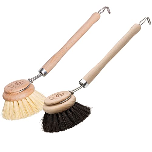 Dish Brush Set | 2 Pack, Tampico Fiber and Horsehair, 10-inch Beechwood Handles