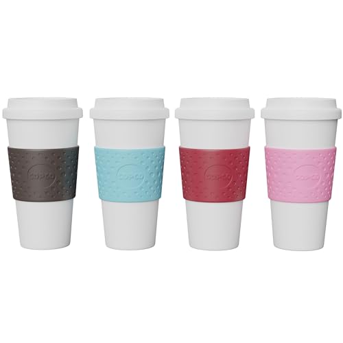 Reusable To Go Mug | 16 ounce Capacity, Pack of 4 (Pink, Azure, Brown, Red)