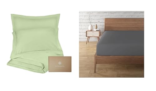 Duvet Cover Set | 100% Organic Cotton, 300TC, King Size, Seedling Green & Steel Grey