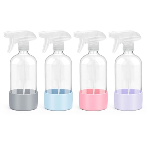 Glass Spray Bottles | 16 oz, 4 Pack with Silicone Sleeve, Reusable for Hair & Cleaning Solutions