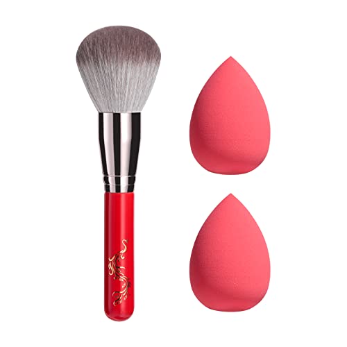 Makeup Brush Set | Powder Brush & 2 Makeup Sponges, Red