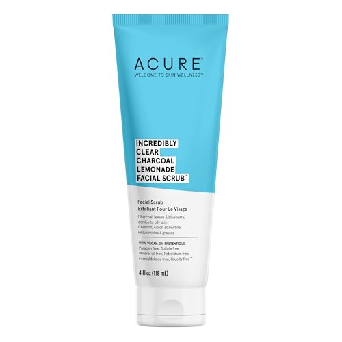 ACURE Incredibly Clear Charcoal Lemonade Facial Scrub -Deep Face Wash Cleansing, Gentle Exfoliates & Detoxifies with Charcoal Scrub, Lemon & Blueberry -For Oily to Normal & Acne Prone Skin, 4 Fl Oz