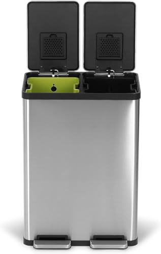 Trash Can | 60 Liter, Dual Compartment, Soft-Close Lid, Brushed Stainless Steel