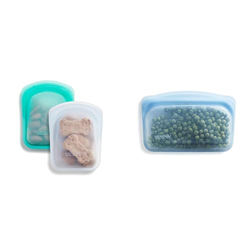 Stasher 2-Pack Clear + Aqua Pocket Bags and 12 Oz Blue Snack Silicone Storage Bags