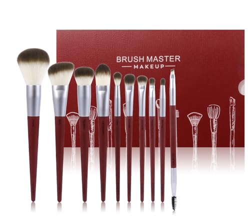 Makeup Brush Set | 10 Pcs, Kabuki, Foundation, Eyeshadow, Blush, Red & White