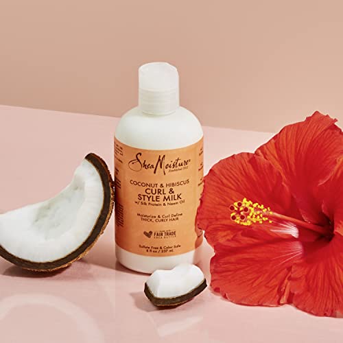 SheaMoisture Fair Trade Sulfate Free Coconut Hibiscus Curl & Style Milk with Silk Protein & Neem Oil For Thick, Defined, Curly Hair 8 oz