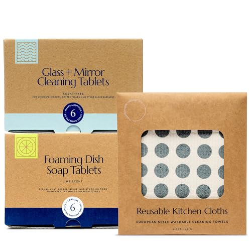 Glass Cleaner Tablets | Foaming Action, Streak-Free Shine  
Dish Soap | Eco-Friendly Formula, 16 oz  
Reusable Kitchen Cloths | 3 Pack, Machine Washable