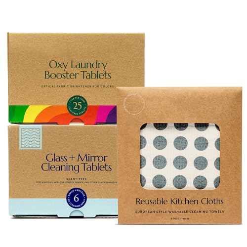 Laundry Booster | Oxy Formula, 16 oz, Glass and Mirror Cleaner, Reusable Cloth Bundle