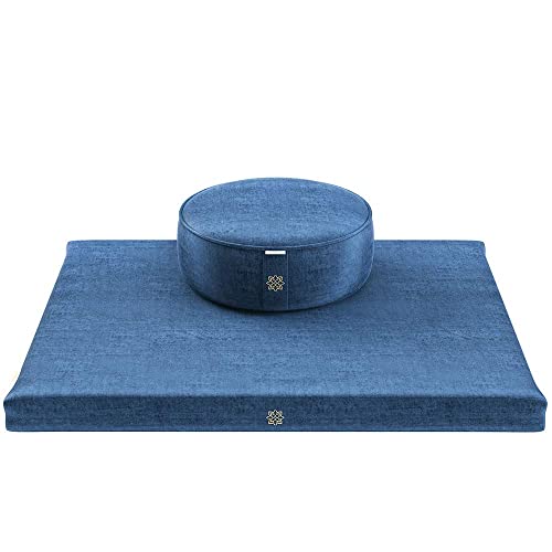 Meditation Cushion & Zabuton Mat Bundle | Premium Velvet, Buckwheat Zafu, Royal Navy Color