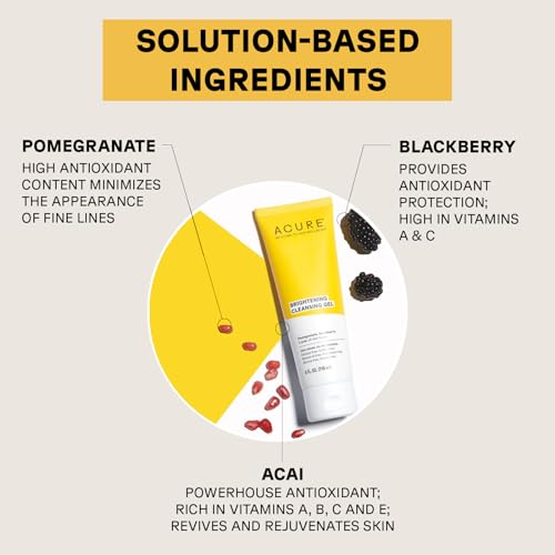 Acure Brightening Cleansing Gel - Vegan Cleanser for Radiant Skin - Pomegranate, Blackberry & Acai Infused - Antioxidant-Rich Gentle Formula for All Skin Types - 4 Fl Oz