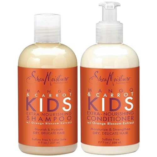 Shea Moisture Mango & Carrot Kids, Extra-Nourishing, Shampoo (8 Oz) and Conditioner (7.7 Oz), Orange Blossom Extract, Dry, Delicate Hair, Vitamin B-5 & Vitamin E, 2 Piece Set