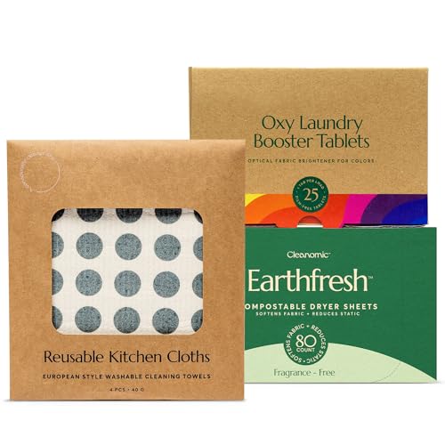 Cleaning Essentials Set | Reusable Kitchen Cloth, Oxy Laundry Booster, Fabric Softener Sheets