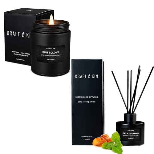 Scented Candle & Reed Diffuser Set | Pine & Clove, Patchouli & Amber, Soy Wax, 8 Rattan Sticks