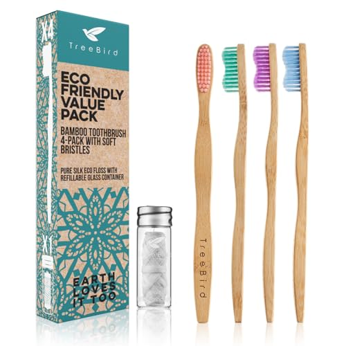 Bamboo Toothbrush 4-Pack & Compostable Silk Dental Floss | Biodegradable, Eco-Friendly