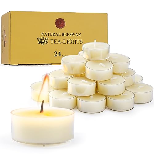 Tealight Candles | Natural Beeswax, 24 Pack, Smokeless, Clean Burning, White