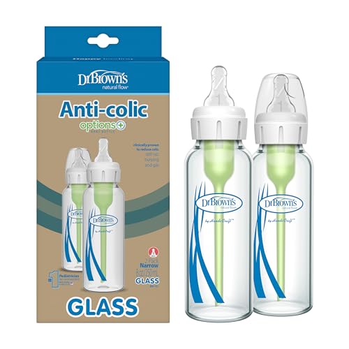 Baby Bottle | 8 oz, Narrow Glass, 2 Pack, Level 1 Slow Flow Nipple, 0m+