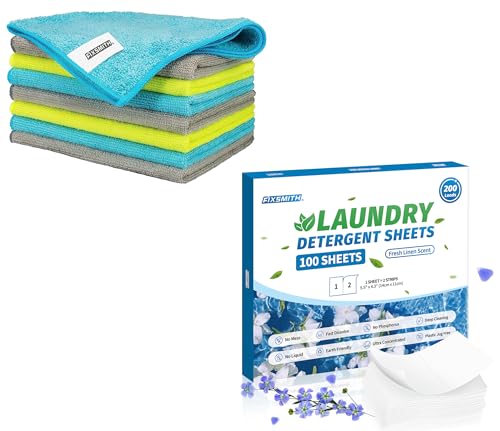 Microfiber Cleaning Cloths | Pack of 8, Ultra-Absorbent, Lint-Free 
 Laundry Detergent Sheets | Fresh Linen Scent, 200 Loads (100 Sheets), Eco-Friendly